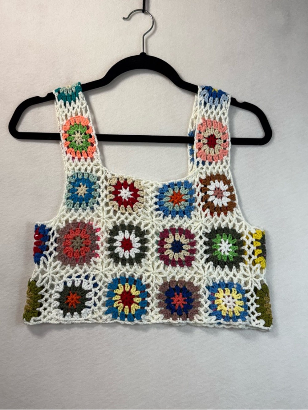 Handmade White Crochet Multicolor Granny Square Crop Top